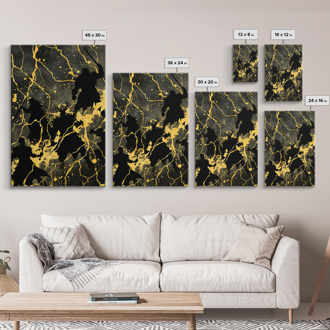 Epic Ragnarok Battle Scene Nordic Wall Art, Canvas Gold Art and Canvas Art, Norse Gods Lightning Design with natural wood frame