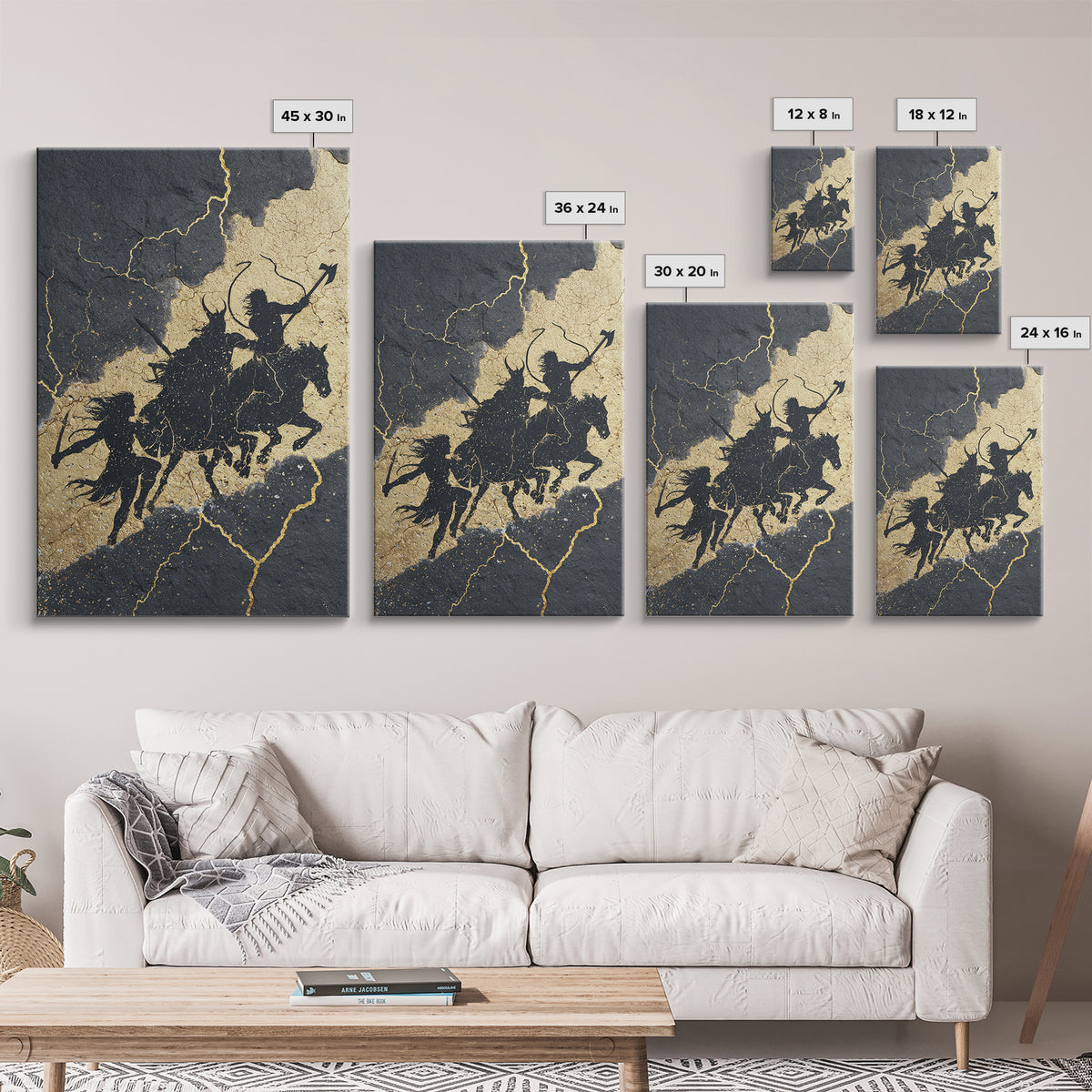 Valkyrie Ride Canvas Gold Art, Norse Mythology Warrior Women Canvas Art framed in natural wood, Viking man cave or office wall decor