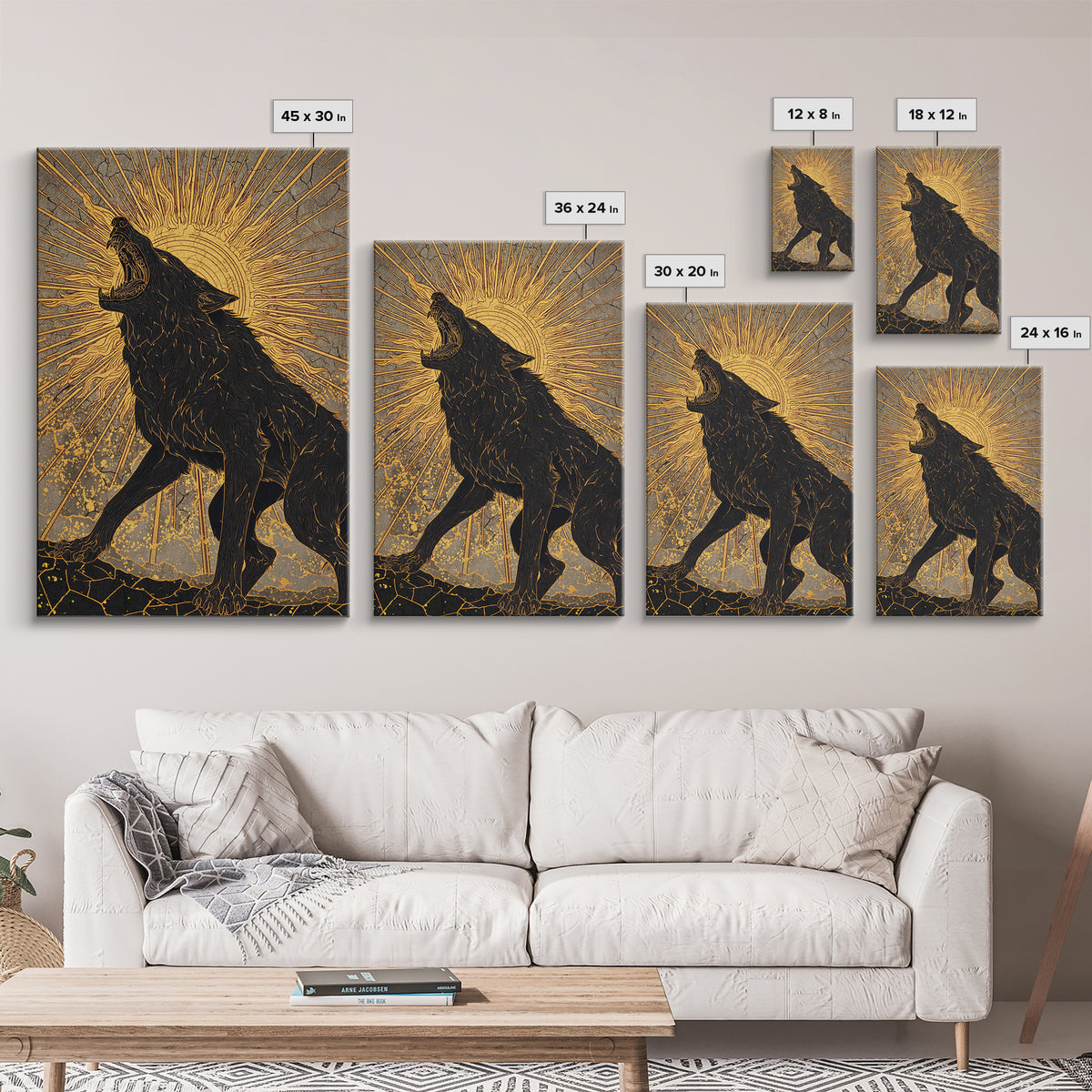 Nordic Fenrir Wolf Canvas Art, Canvas Gold Art with Norse Mythology Sun Chaser Wolf, Man Cave Decor framed in authentic wood