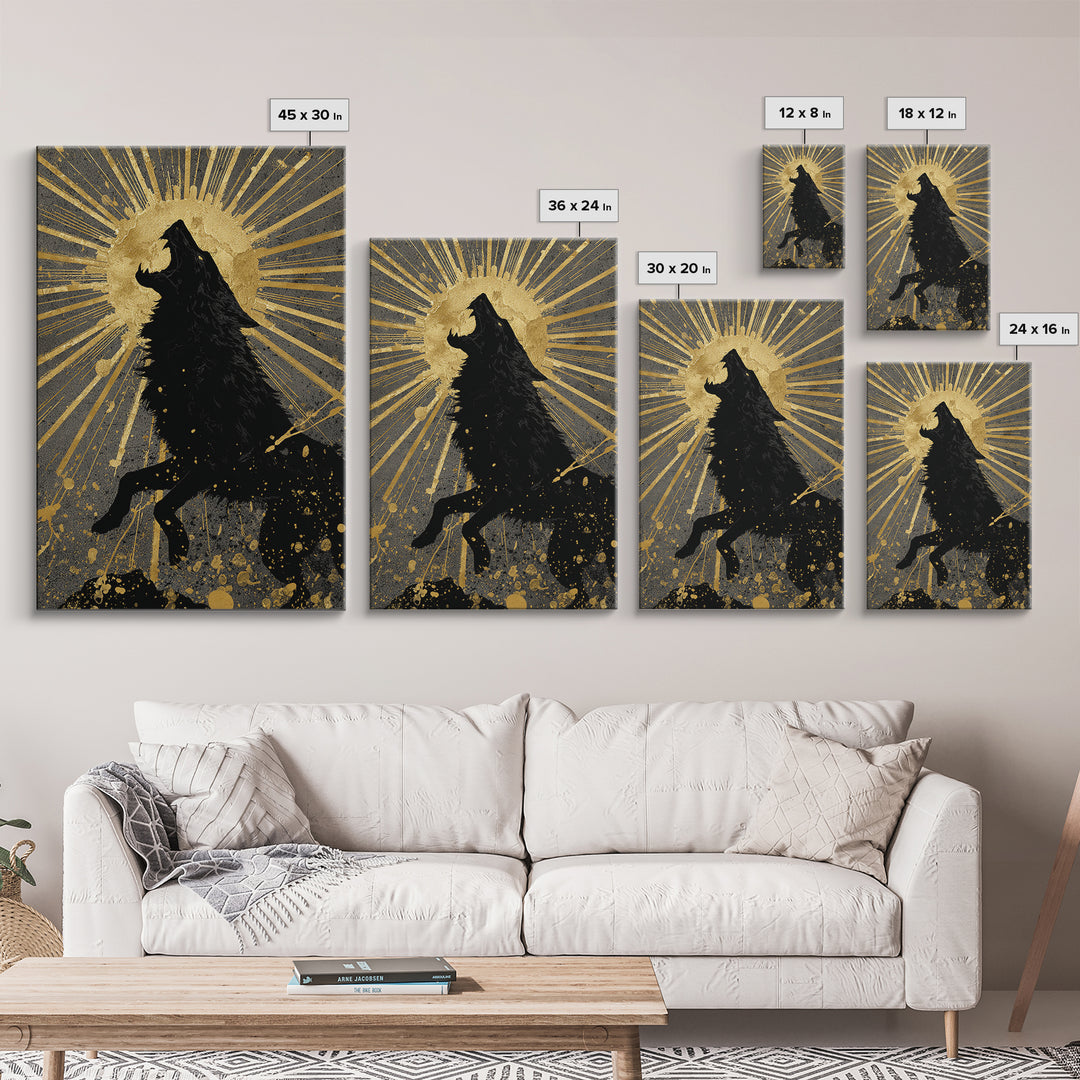 Fenrir Howling Wolf Canvas Gold Art, Norse Mythology Canvas Art with Viking Wolf Symbolism, Office Wall Decor in real wood frame