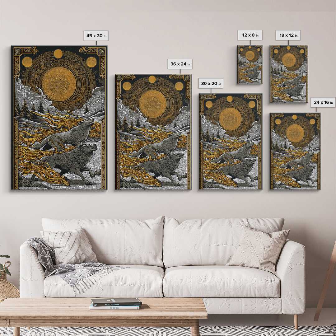 Sköll and Hati Wolves Norse Mythology Art, Canvas Gold Art and Canvas Art, Viking Wolf Chasing Sun and Moon framed in wood