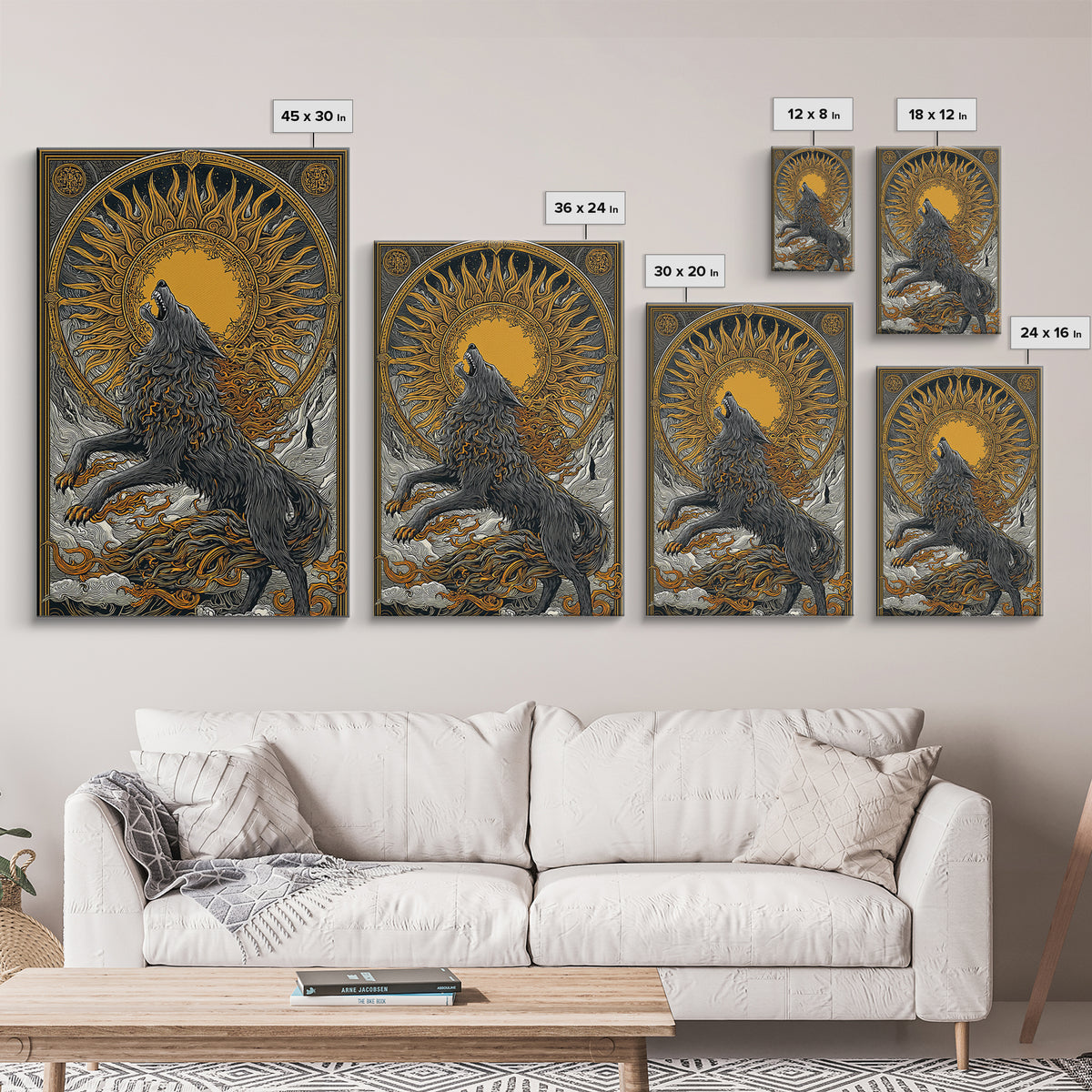 Fenrir Wolf Ragnarok Canvas Art, Canvas Gold Art with Norse Mythology Theme, Viking Wolf Office Wall Decor framed in real wood