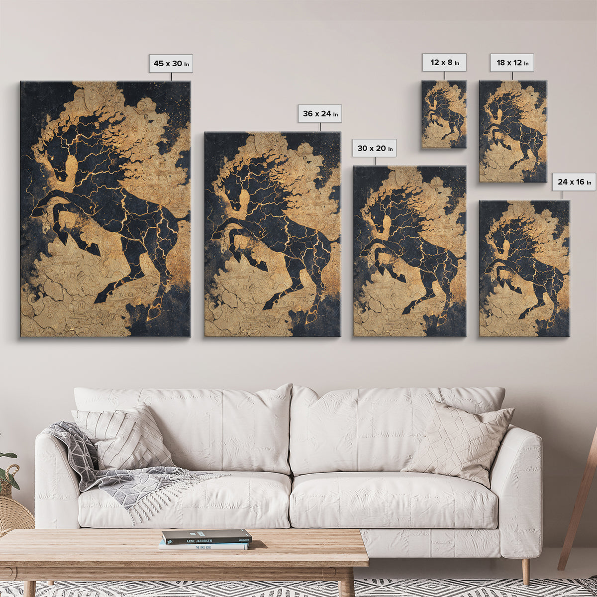 Nordic Sleipnir Horse Canvas Art, Canvas Gold Art featuring Odin’s Eight-Legged Horse, Norse Myth Wall Decor framed in natural wood