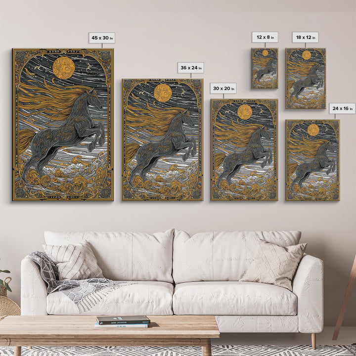Sleipnir Norse Myth Horse Wall Decor, Canvas Gold Art and Canvas Art, Viking Equestrian Nordic Office Art framed in natural wood