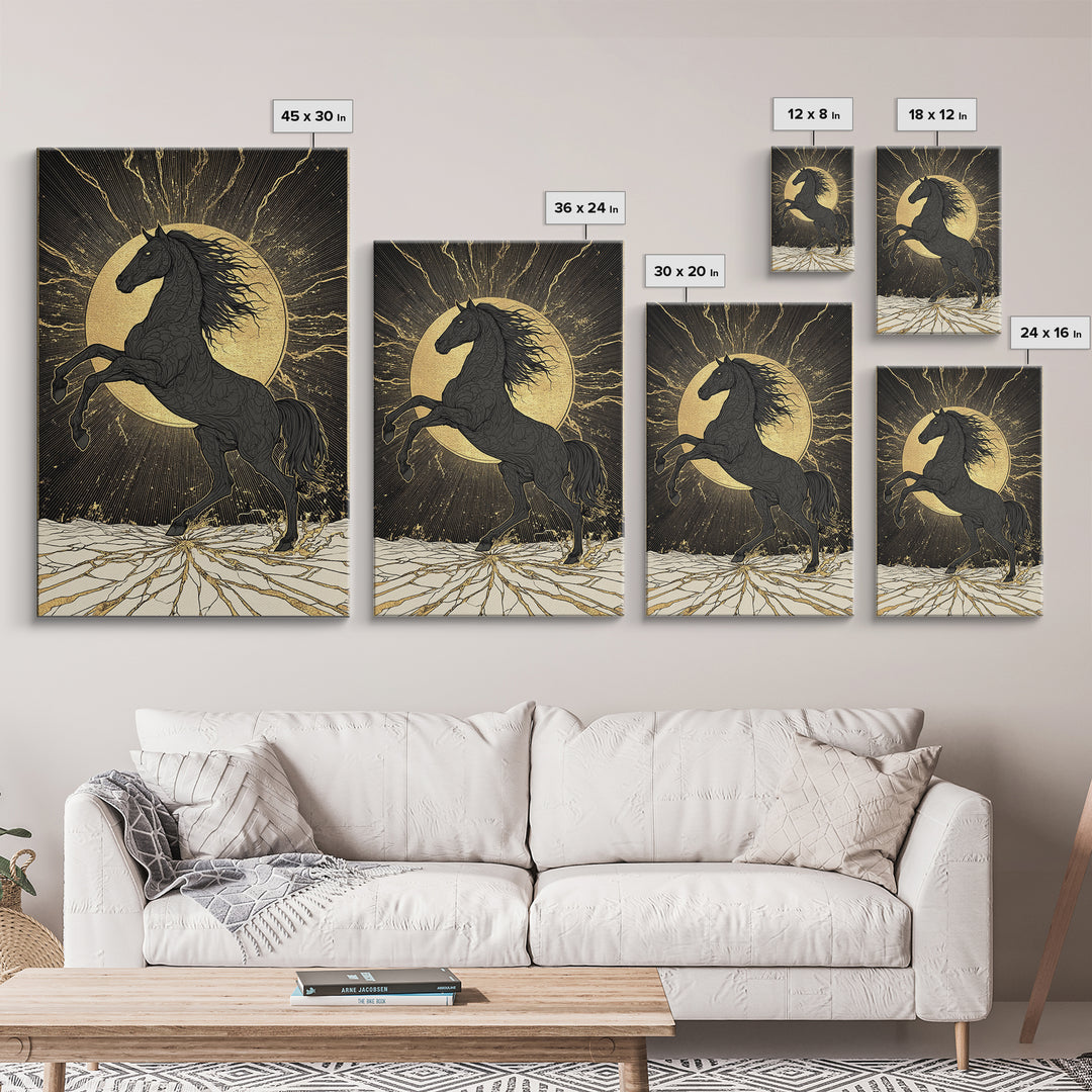 Sleipnir Norse Horse Canvas Gold Art Nordic Mythology Canvas Art for Office or Man Cave, framed in natural real wood