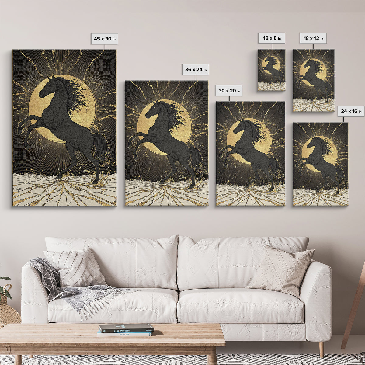 Sleipnir Norse Horse Canvas Gold Art Nordic Mythology Canvas Art for Office or Man Cave, framed in natural real wood