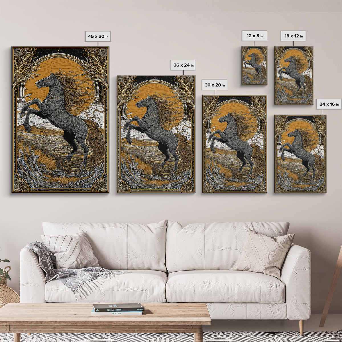 Canvas Gold Art Sleipnir Norse Mythology Horse Wall Canvas Art Nordic Viking Decor Dad Gift Office Art in rustic real wood frame