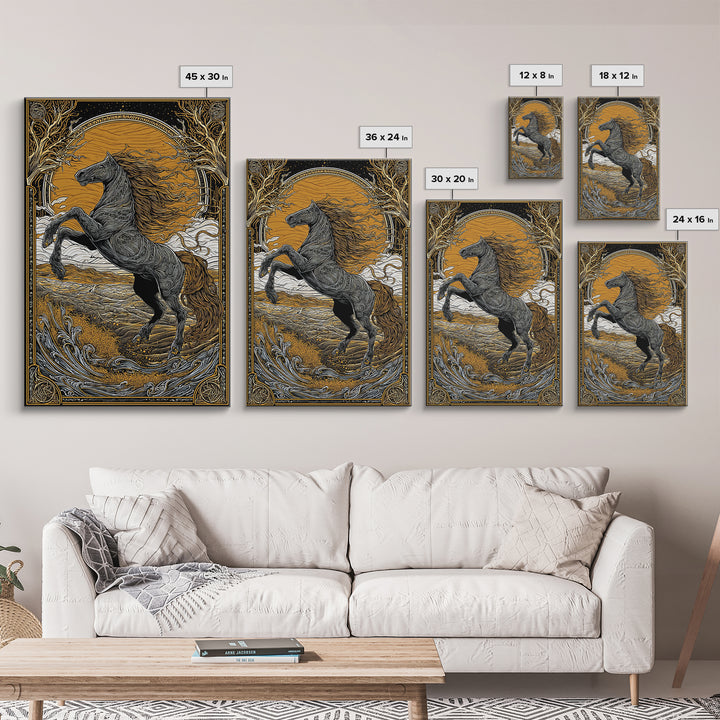 Canvas Gold Art Sleipnir Norse Mythology Horse Wall Canvas Art Nordic Viking Decor Dad Gift Office Art in rustic real wood frame