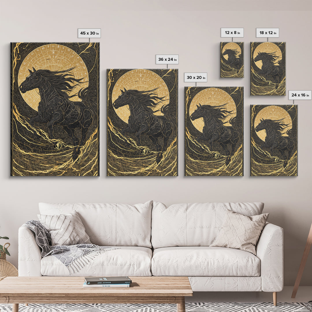 Sleipnir Odin’s Horse Norse Mythology Wall Decor, Canvas Gold Art and Canvas Art, Viking Horse Office Art framed in real wood
