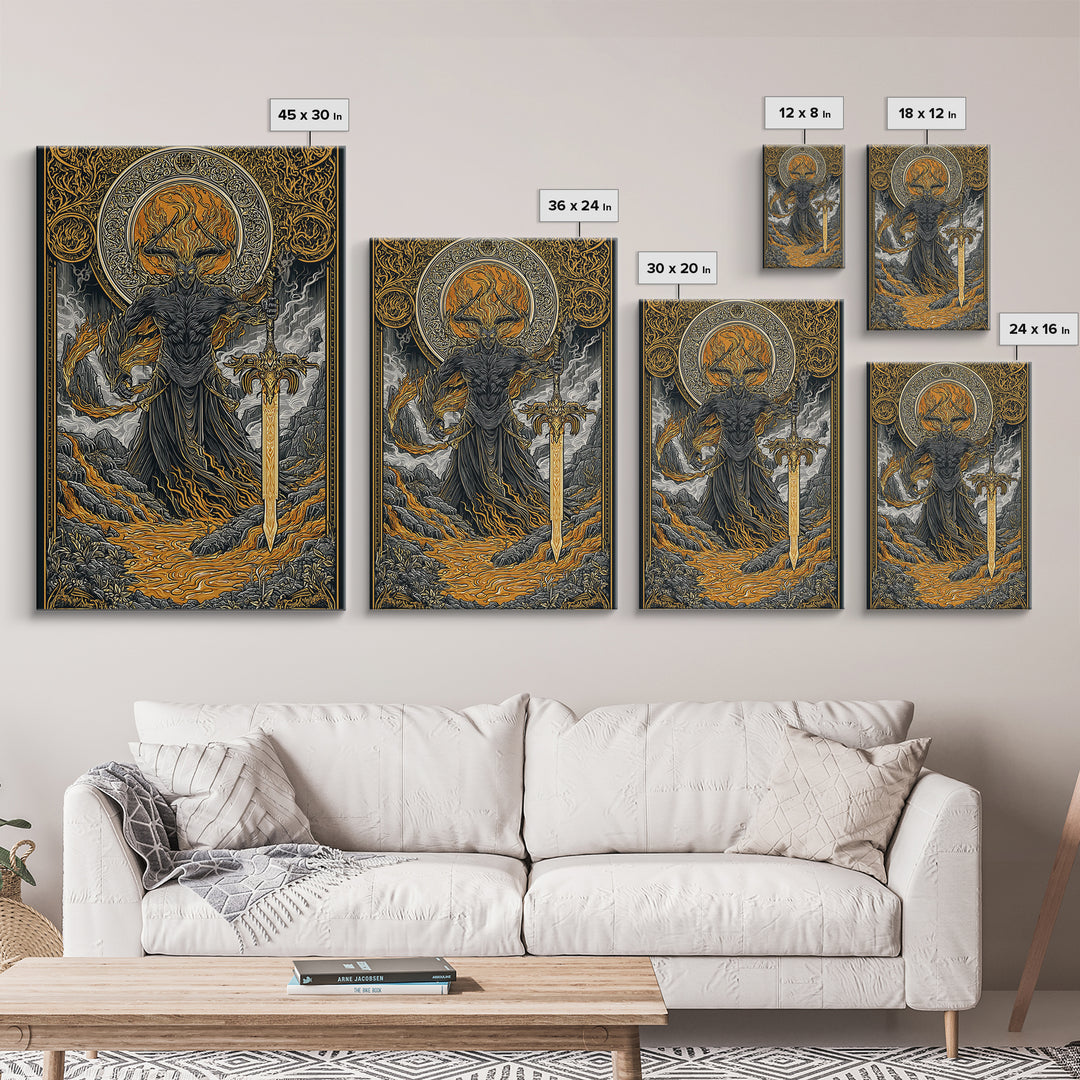 Surtur Fire Giant Norse Mythology Canvas Gold Art Viking Canvas Art Dad Gift Office Wall Decor framed with natural real wood