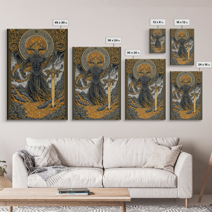 Surtur Fire Giant Norse Mythology Canvas Gold Art Viking Canvas Art Dad Gift Office Wall Decor framed with natural real wood