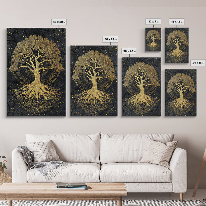 Nordic Yggdrasil Tree of Life Canvas Gold Art Canvas Art with real wood frame, Norse Mythology Office Decor and Dad Gift Idea