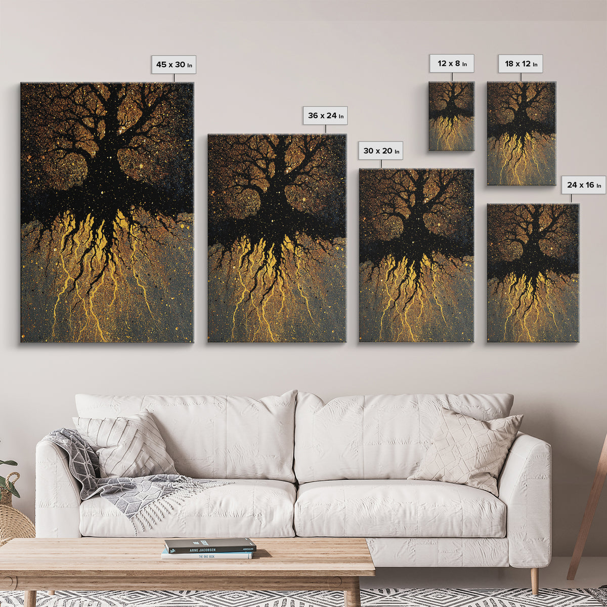 Golden World Tree Canvas Gold Art Canvas Art Norse Mythology Yggdrasil Design in natural wood frame, Office Art or Dad Gift
