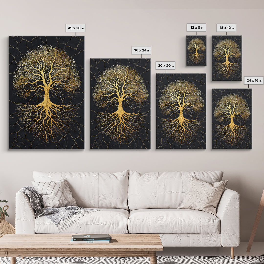 Norse Yggdrasil Tree Canvas Gold Art Canvas Art Celestial Design with roots framed in real wood, Unique Office or Man Cave Art
