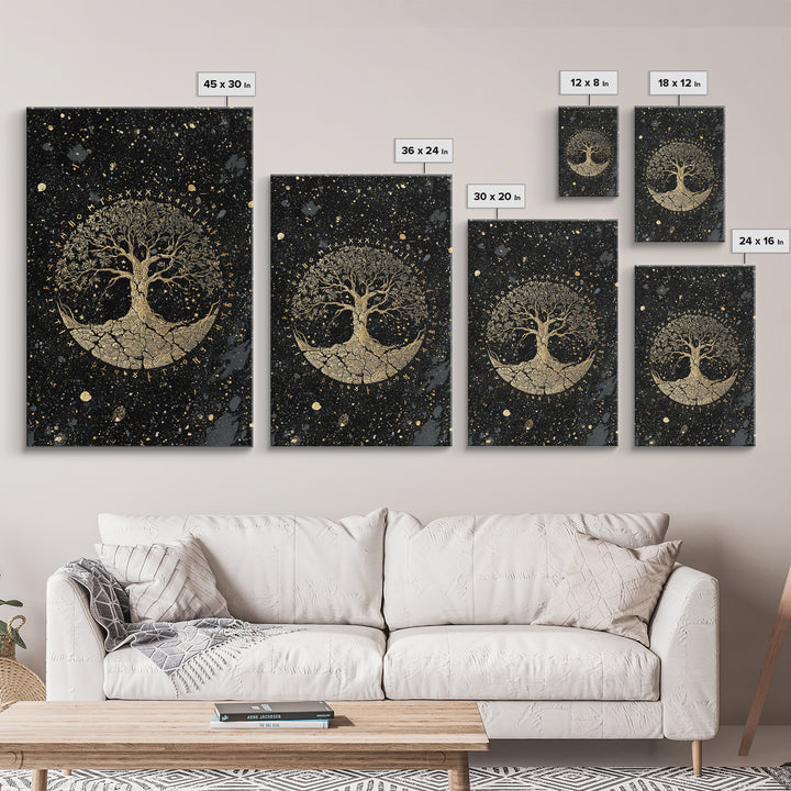 Yggdrasil World Tree Canvas Art Canvas Gold Art Norse Mythology Viking Decor Office Art Man Cave framed in handcrafted real wood
