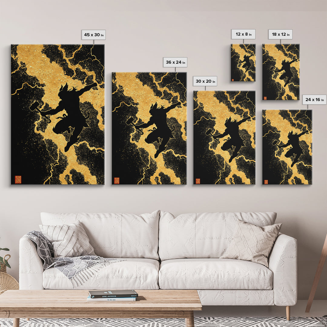 Silhouette Thor Jumping Canvas Gold Art Canvas Art Norse Viking God Wall Decor framed in natural wood, Office Art Dad Gift