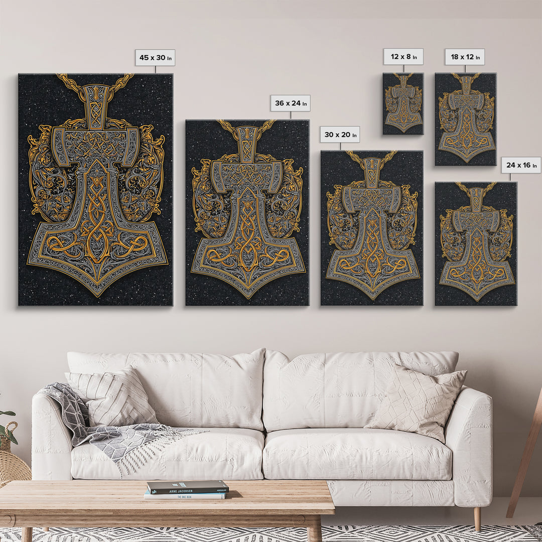 Norse Thor’s Hammer Canvas Gold Art Canvas Art Viking Mjolnir Pendant Design with real wood frame, Unique Man Cave Wall Decor