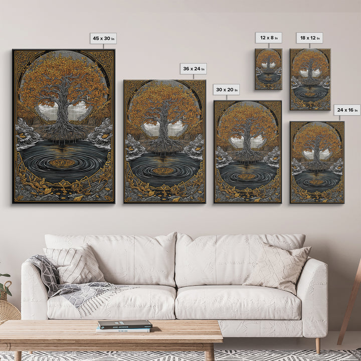 Urd and Yggdrasil Canvas Gold Art Canvas Art, Norse Norns Mythology Wall Art for Dad Gift Office Decor, with real wood frame