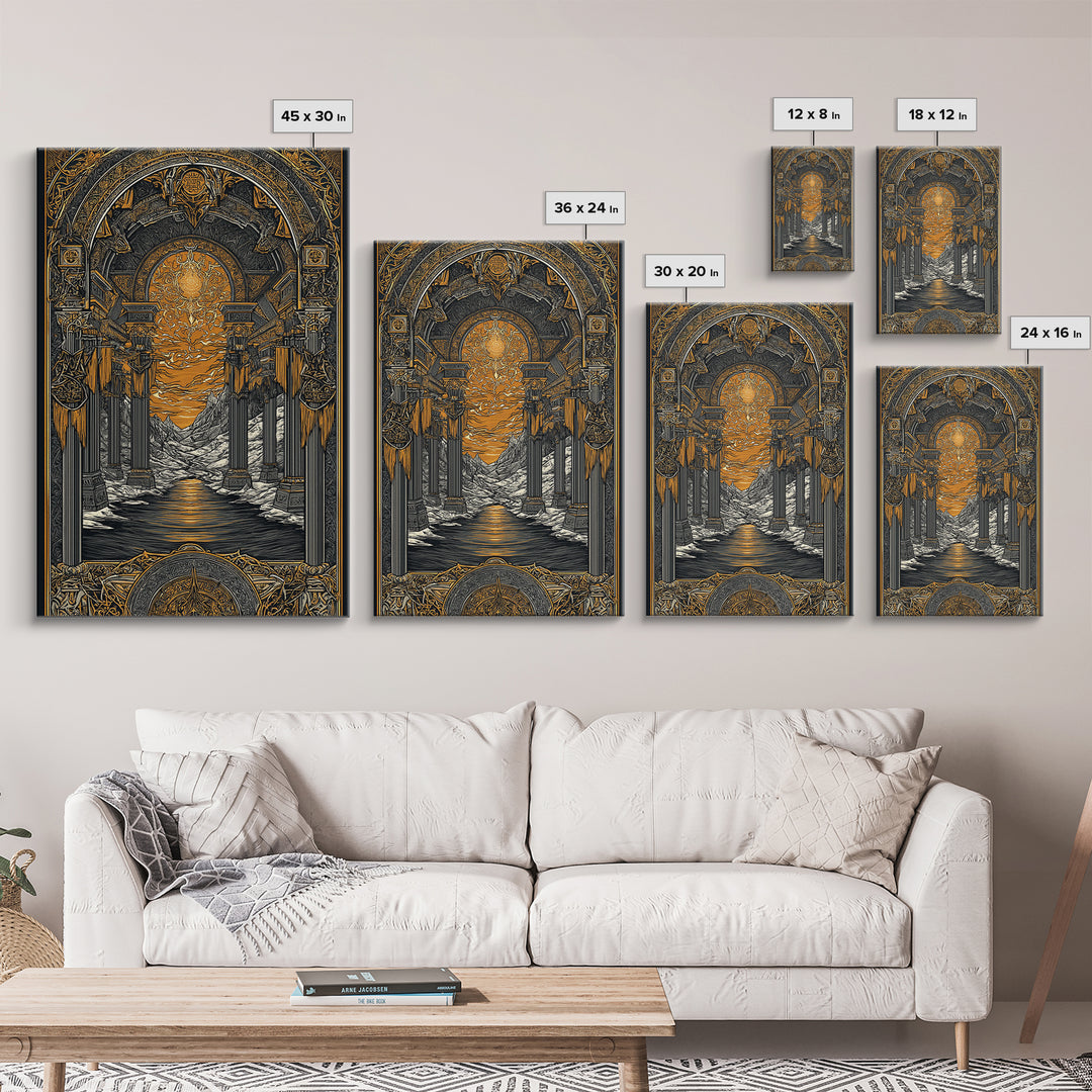 Valhalla Temple Canvas Gold Art Canvas Art, Nordic Mythology Warrior Afterlife Wall Art for Man Cave Decor, framed in wood