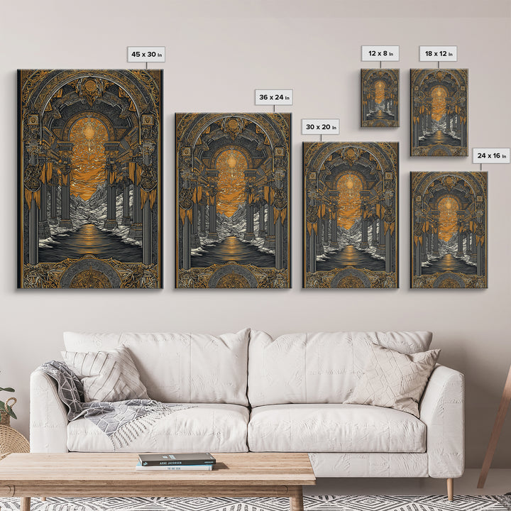 Valhalla Temple Canvas Gold Art Canvas Art, Nordic Mythology Warrior Afterlife Wall Art for Man Cave Decor, framed in wood