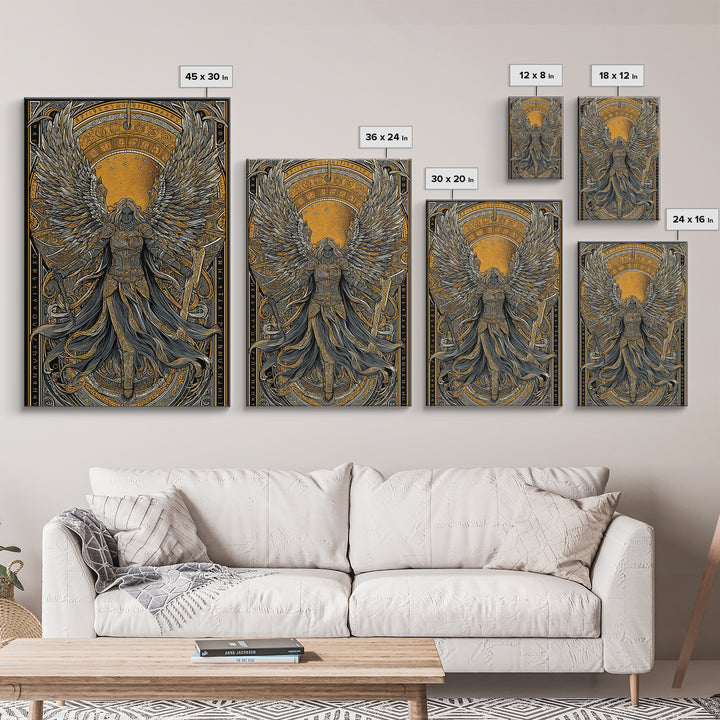Valkyrie Ascending Canvas Gold Art Canvas Art, Norse Mythology Winged Protector Wall Decor for Dad Gift Office Art, real wood frame