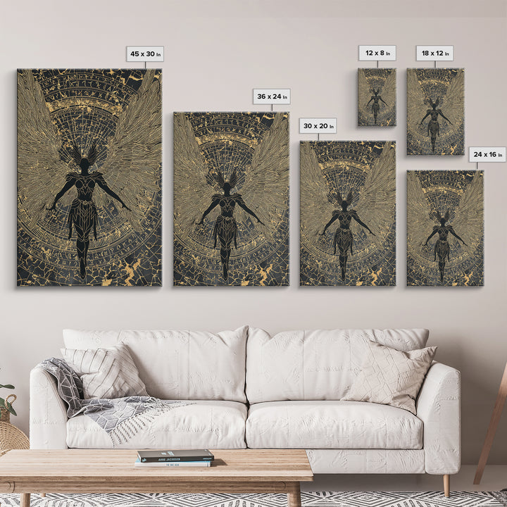 Shieldmaiden Valkyrie Canvas Gold Art Canvas Art, Norse Mythology Wall Art for Men’s Office Decor Dad Gift, framed in natural wood