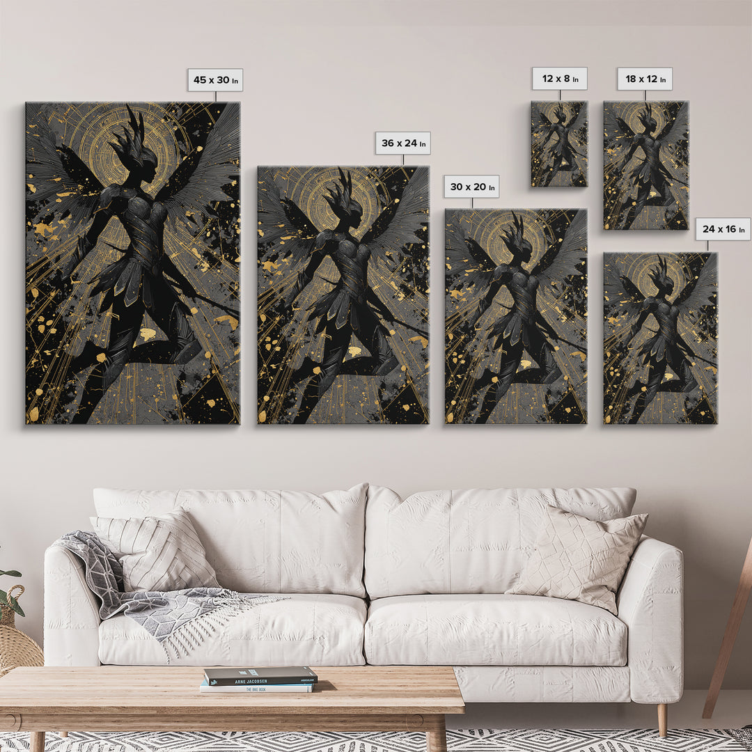 Valkyrie Guardian Canvas Gold Art Canvas Art, Norse Mythology Winged Warrior Wall Decor for Man Cave Dad Gift, real wood frame