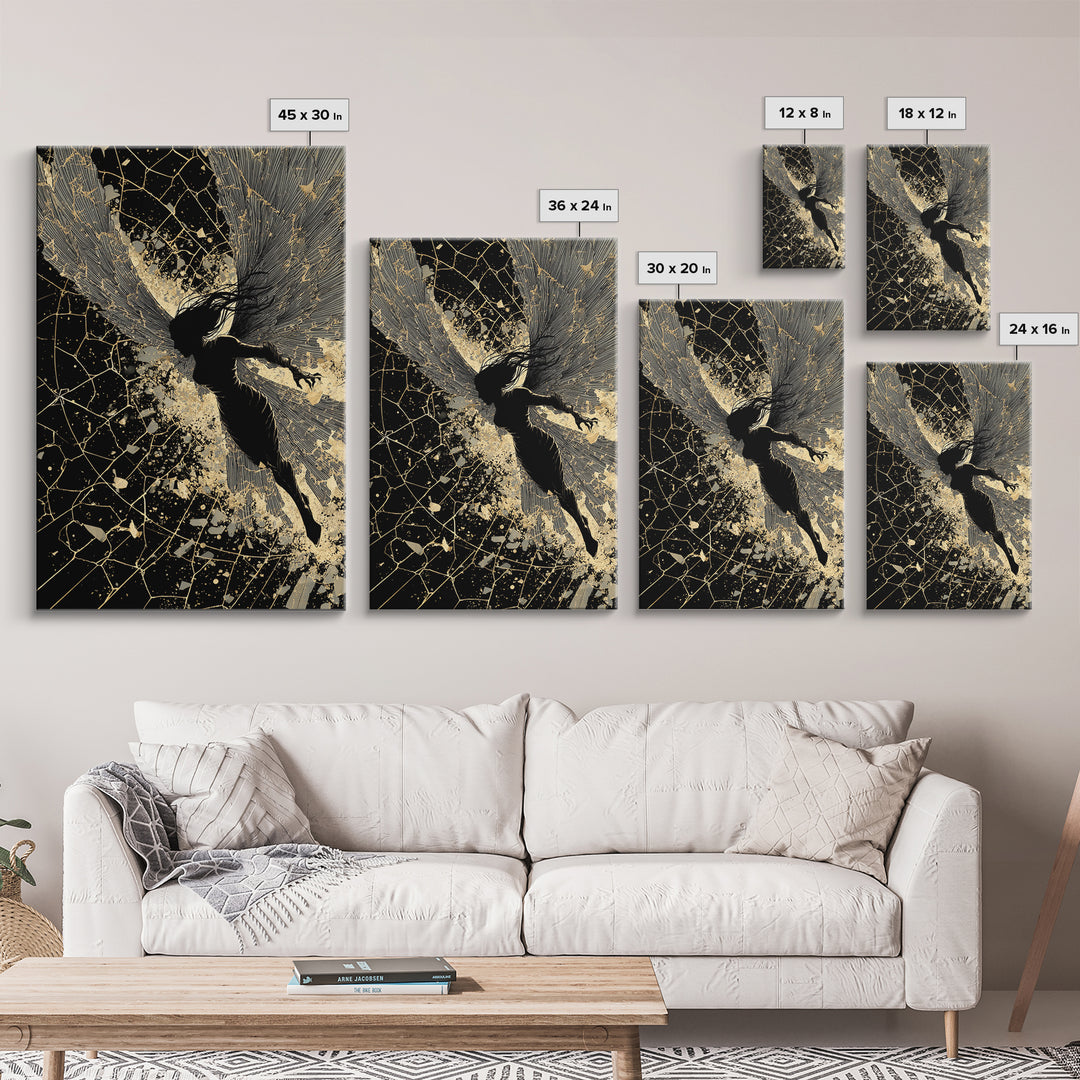 Valkyrie Warrior Canvas Gold Art Nordic Mythology Canvas Art for Office or Man Cave, framed in natural wood for bold style
