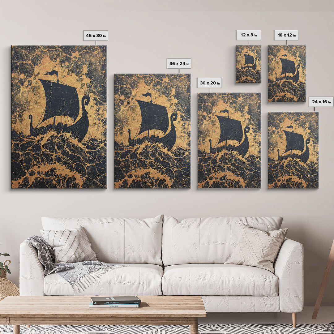Bull Skull Nordic Totem Canvas Gold Art, Viking Canvas Art with Mythology Detail, unique office decor framed in solid wood