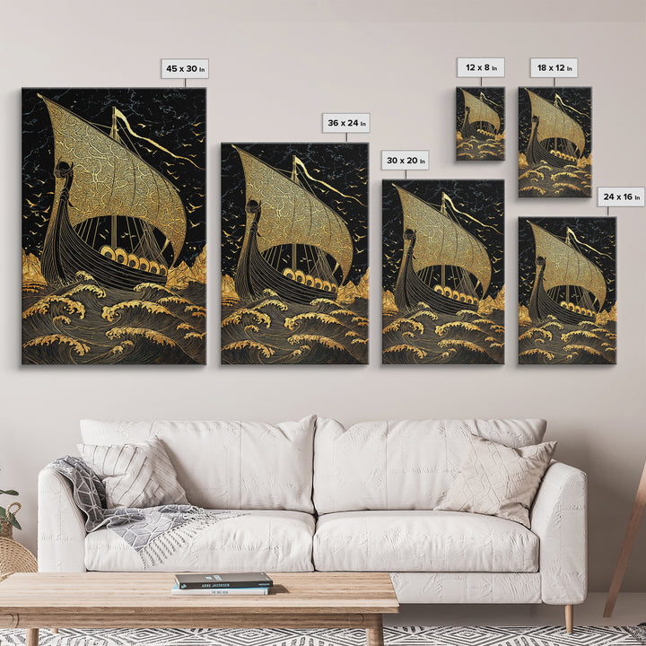 Viking Horned Helmet Canvas Gold Art, Norse Mythology Canvas Art Wall Decor for Dad Gift or Office, framed with real wood finish