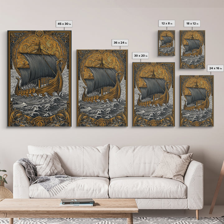 Nordic Warrior Helmet Canvas Gold Art, Viking Style Canvas Art Wall Decor, striking man cave gift framed with natural wood detail