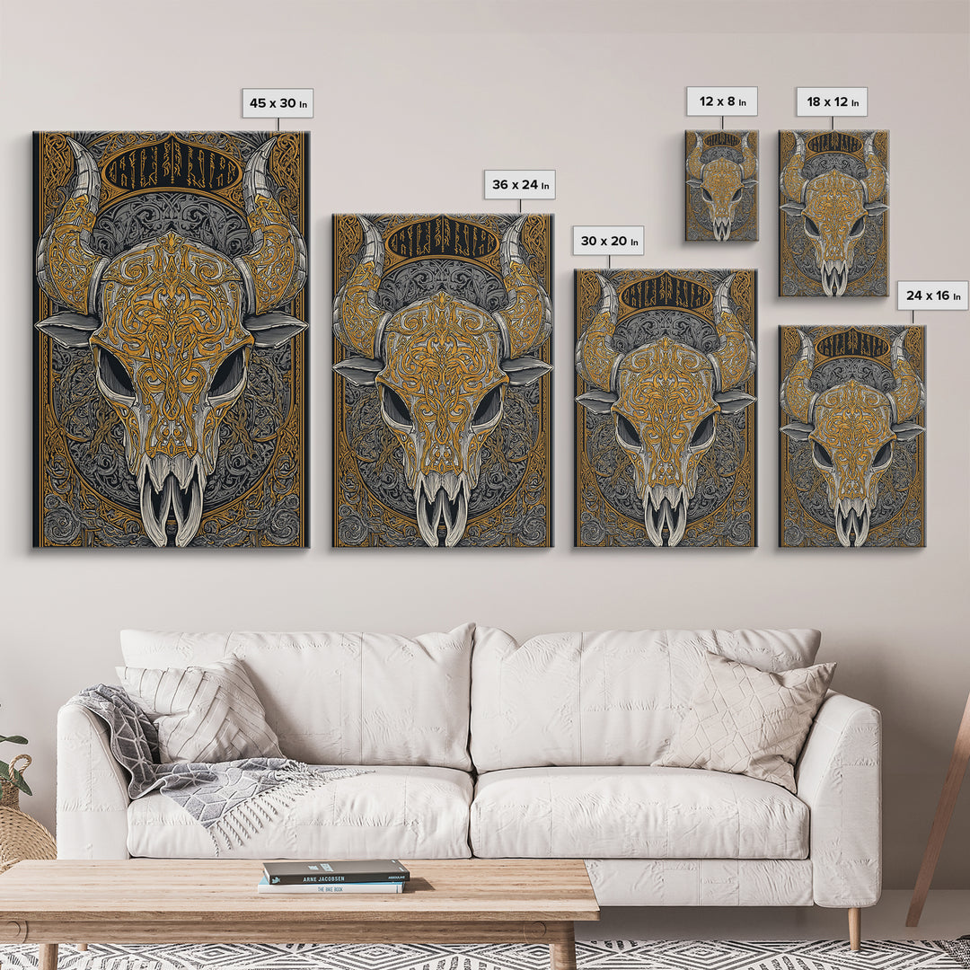 Rune Stone Canvas Gold Art, Ancient Viking Mythology Canvas Art Perfect for Office or Dad Gift, framed with handcrafted wood