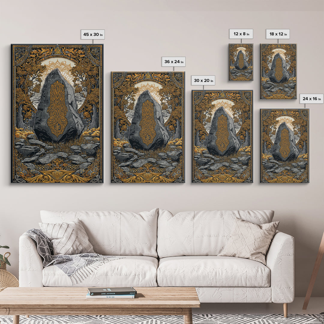 Viking Ship Wall Decor Canvas Gold Art Canvas Art Nordic Longship Ocean Waves Office Art Man Cave Framed in Natural Wood