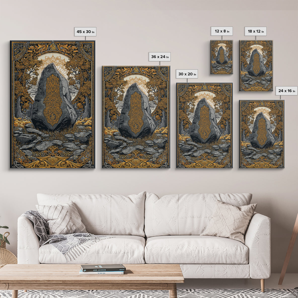 Viking Ship Wall Decor Canvas Gold Art Canvas Art Nordic Longship Ocean Waves Office Art Man Cave Framed in Natural Wood