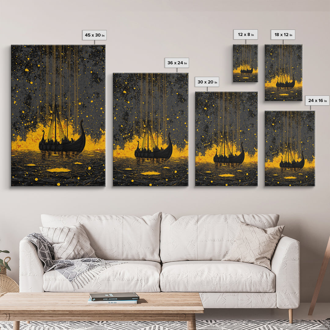 Nordic Longship Ocean Voyage Canvas Gold Art Canvas Art Viking Decor for Men’s Office or Den Framed in Solid Wood Handmade