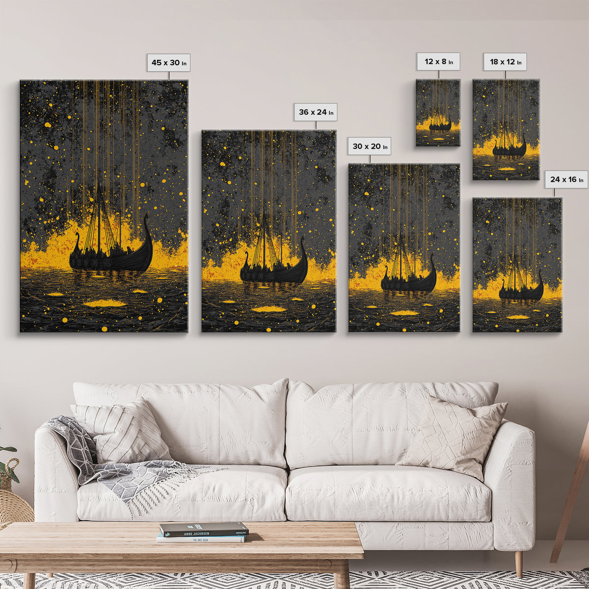 Nordic Longship Ocean Voyage Canvas Gold Art Canvas Art Viking Decor for Men’s Office or Den Framed in Solid Wood Handmade