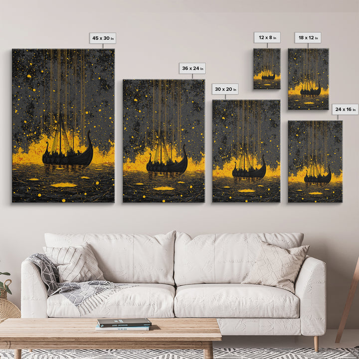Nordic Longship Ocean Voyage Canvas Gold Art Canvas Art Viking Decor for Men’s Office or Den Framed in Solid Wood Handmade