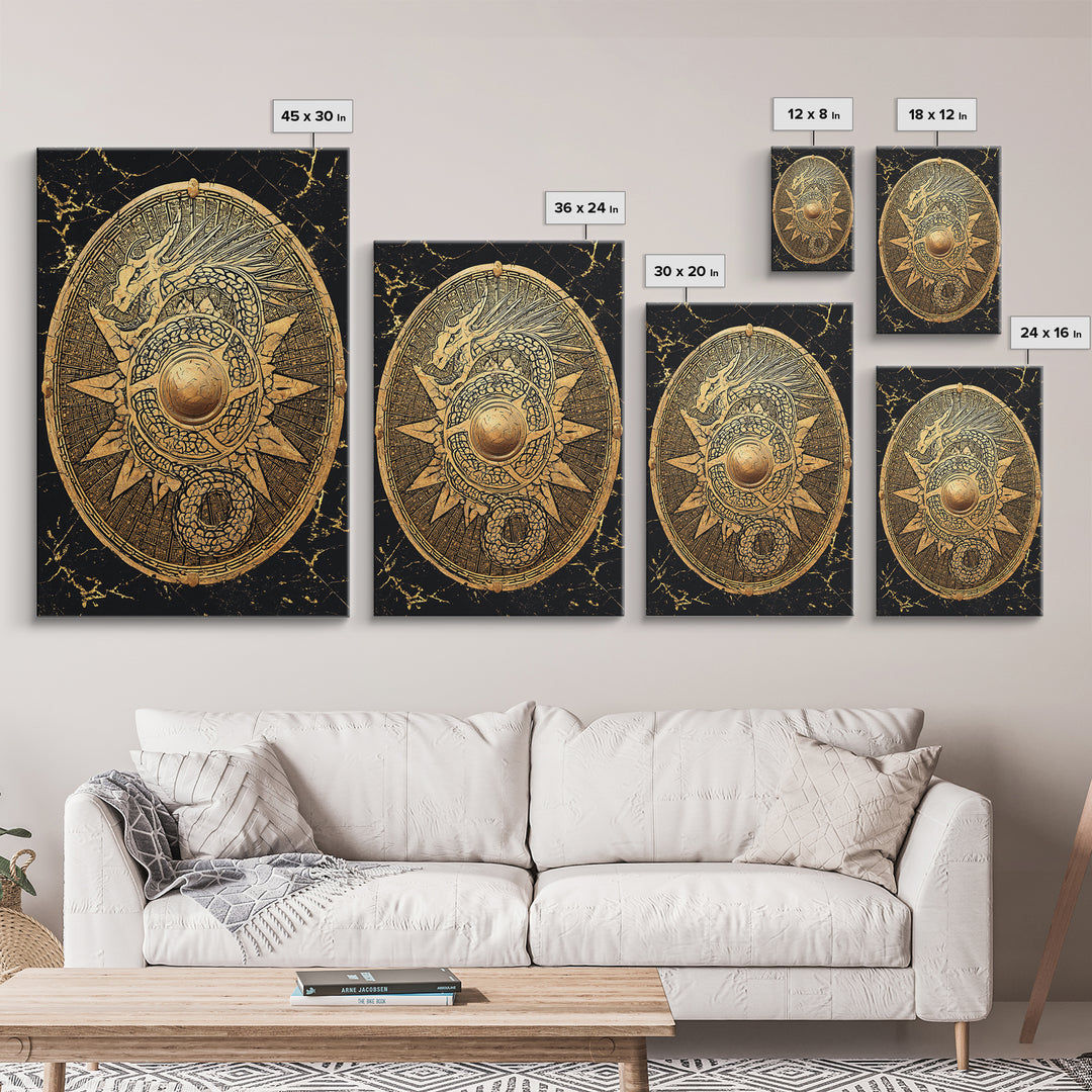 Norse Dragon Shield Canvas Gold Art, Viking Inspired Canvas Art for Men’s Office or Dad Gift, crafted with real wood frame
