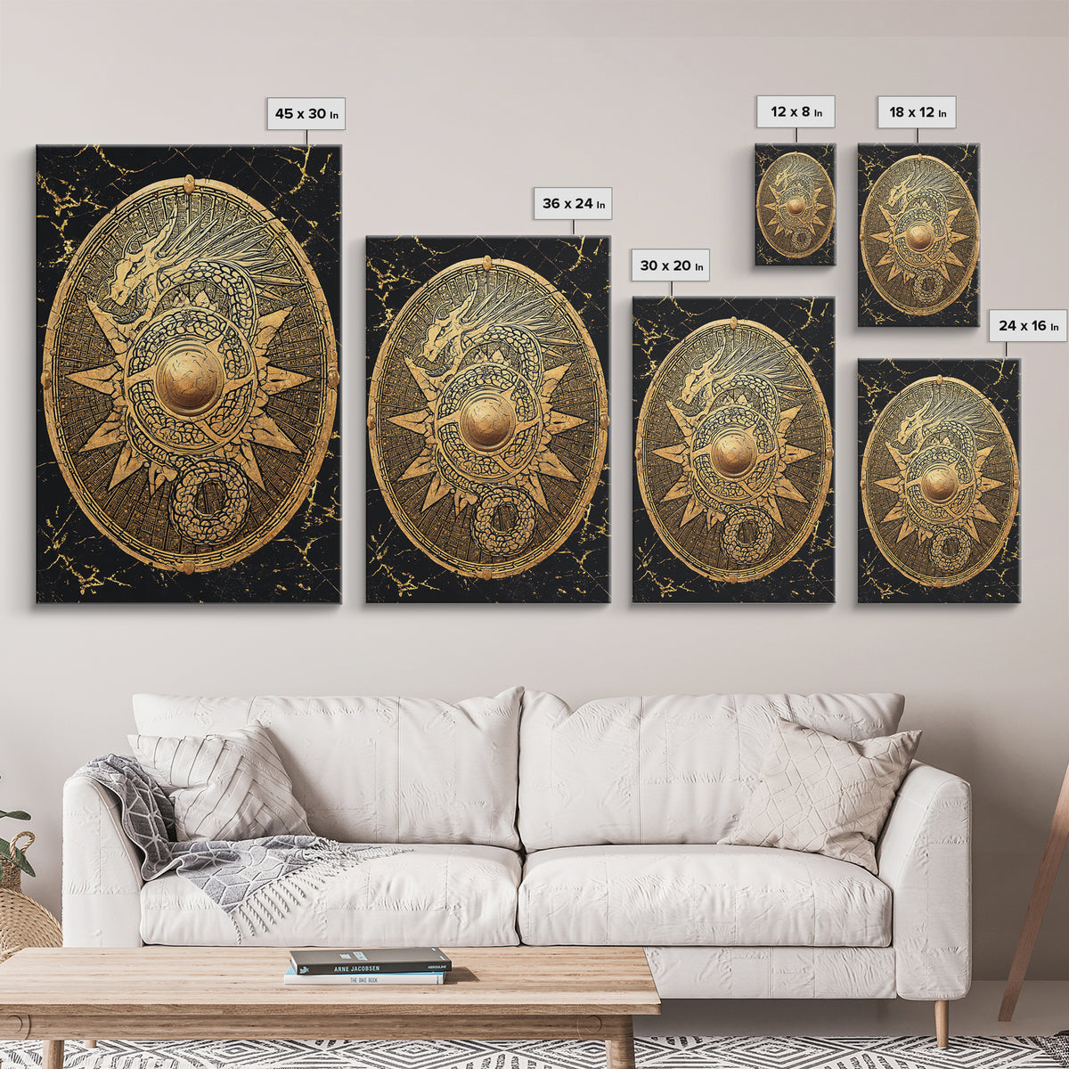 Norse Dragon Shield Canvas Gold Art, Viking Inspired Canvas Art for Men’s Office or Dad Gift, crafted with real wood frame