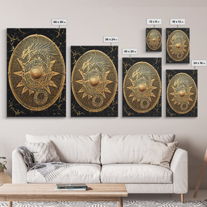 Norse Dragon Shield Canvas Gold Art, Viking Inspired Canvas Art for Men’s Office or Dad Gift, crafted with real wood frame