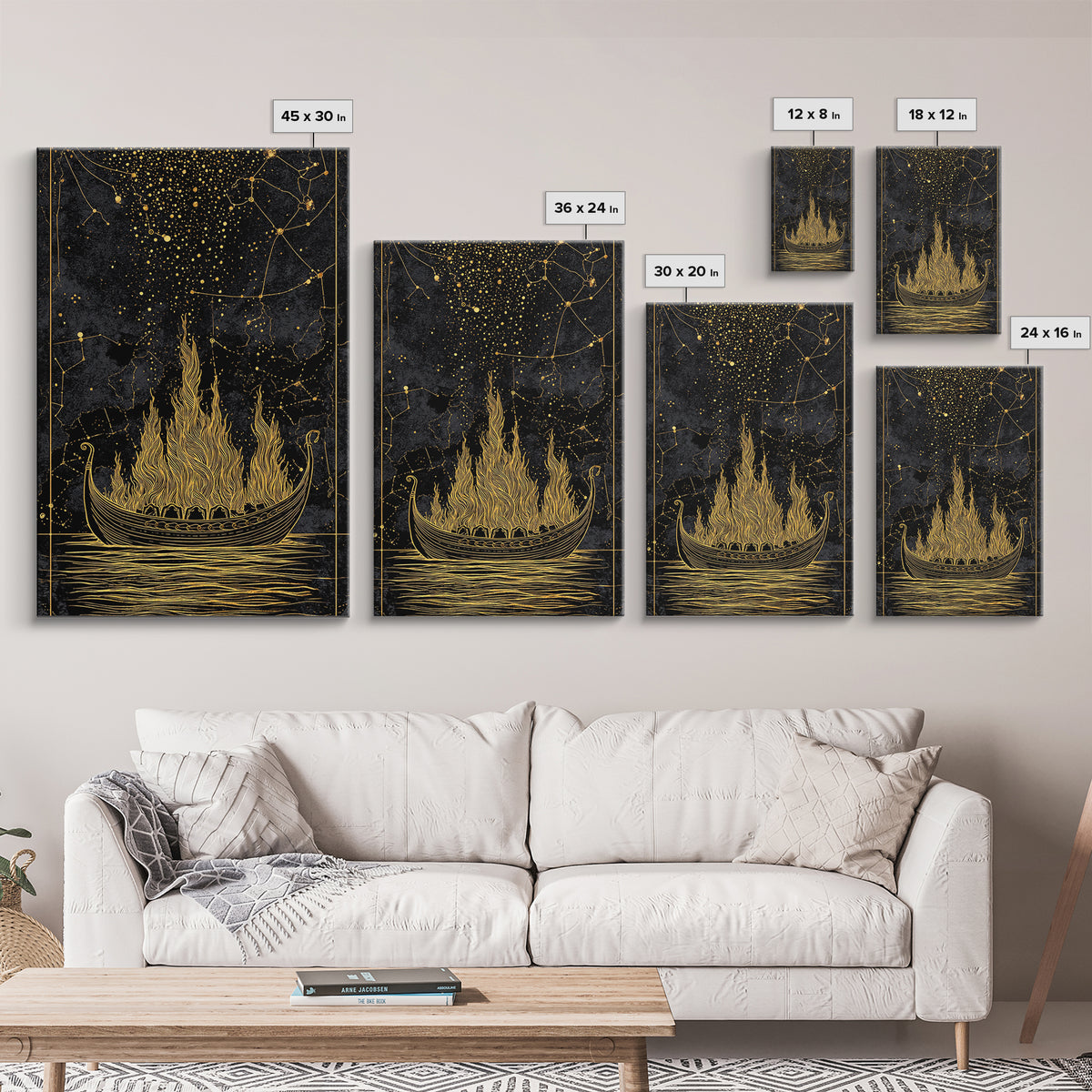 Burning Viking Funeral Ship Canvas Gold Art Canvas Art Norse Mythology Wall Art Nordic Decor Man Cave Piece with Real Wood Frame