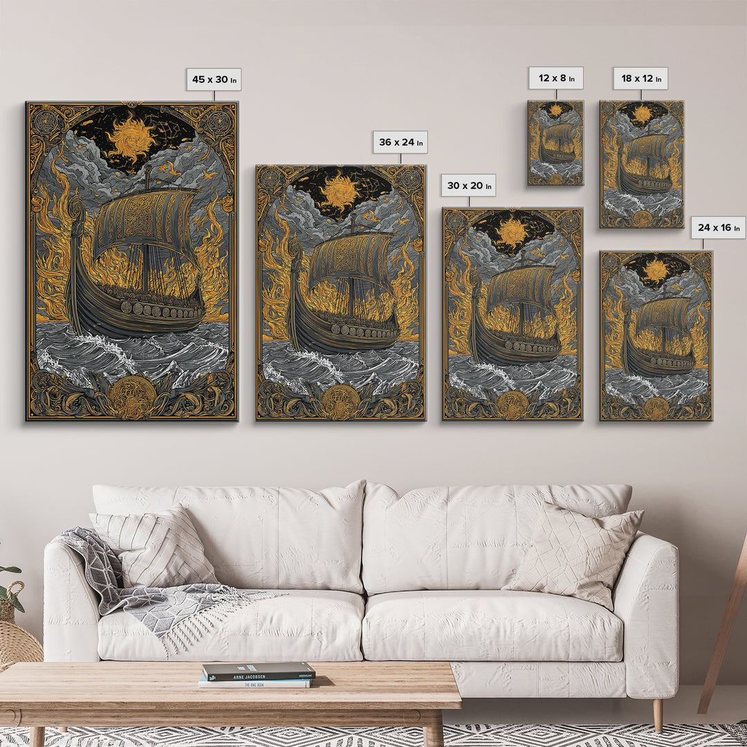 Canvas Art Canvas Gold Art Viking Ship in Flames Norse Funeral Pyre Nordic Mythology Decor Office or Man Cave Framed in Real Wood