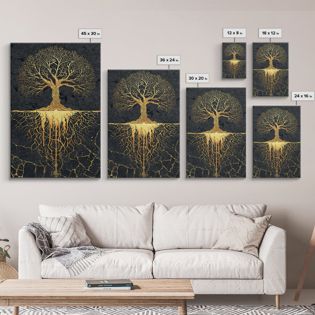 Norse Mythology Yggdrasil Tree Canvas Gold Art Canvas Art Viking Decor Wall Art Nordic Symbolism Dad Gift Framed in Solid Wood