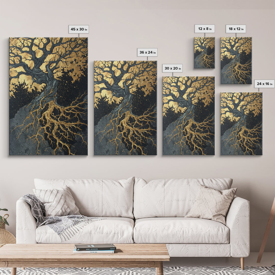 Canvas Gold Art Canvas Art Yggdrasil Tree of Life Norse Mythology Decor Viking Wall Art Nordic Office or Man Cave in Wood Frame