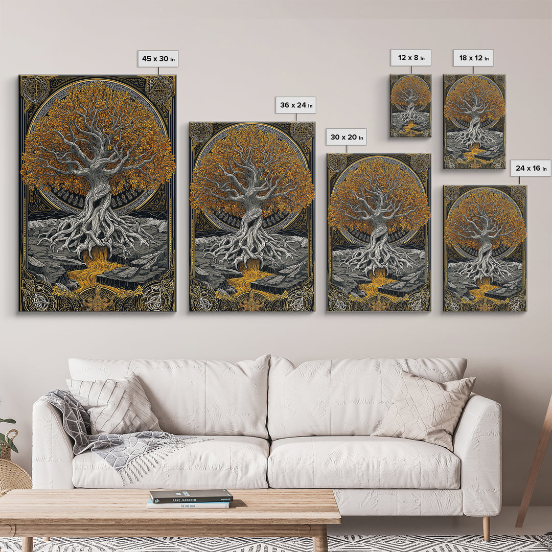 Nordic Yggdrasil Wall Decor Canvas Gold Art Canvas Art Norse Mythology Tree of Life Viking Style Office Art Framed in Real Wood