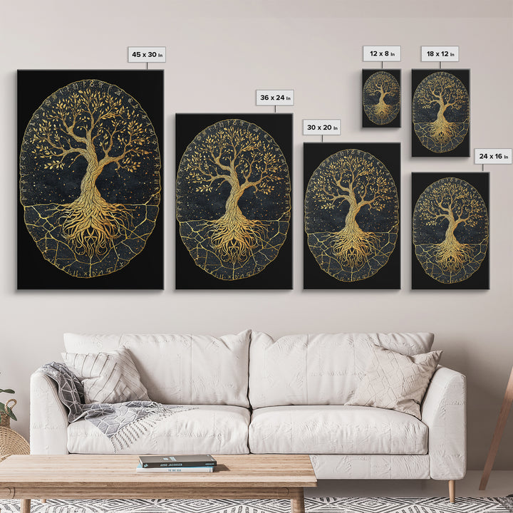 Yggdrasil Norse World Tree Canvas Gold Art Canvas Art Viking Mythology Wall Art Nordic Decor Dad Gift Framed with Natural Wood