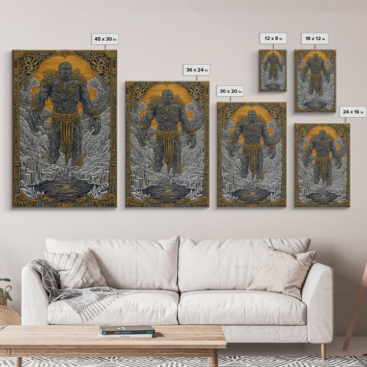 Canvas Gold Art Canvas Art of Ymir | Norse Mythology Wall Art with Natural Wood Frame | Viking Decor for Office, Study, or Man Cave