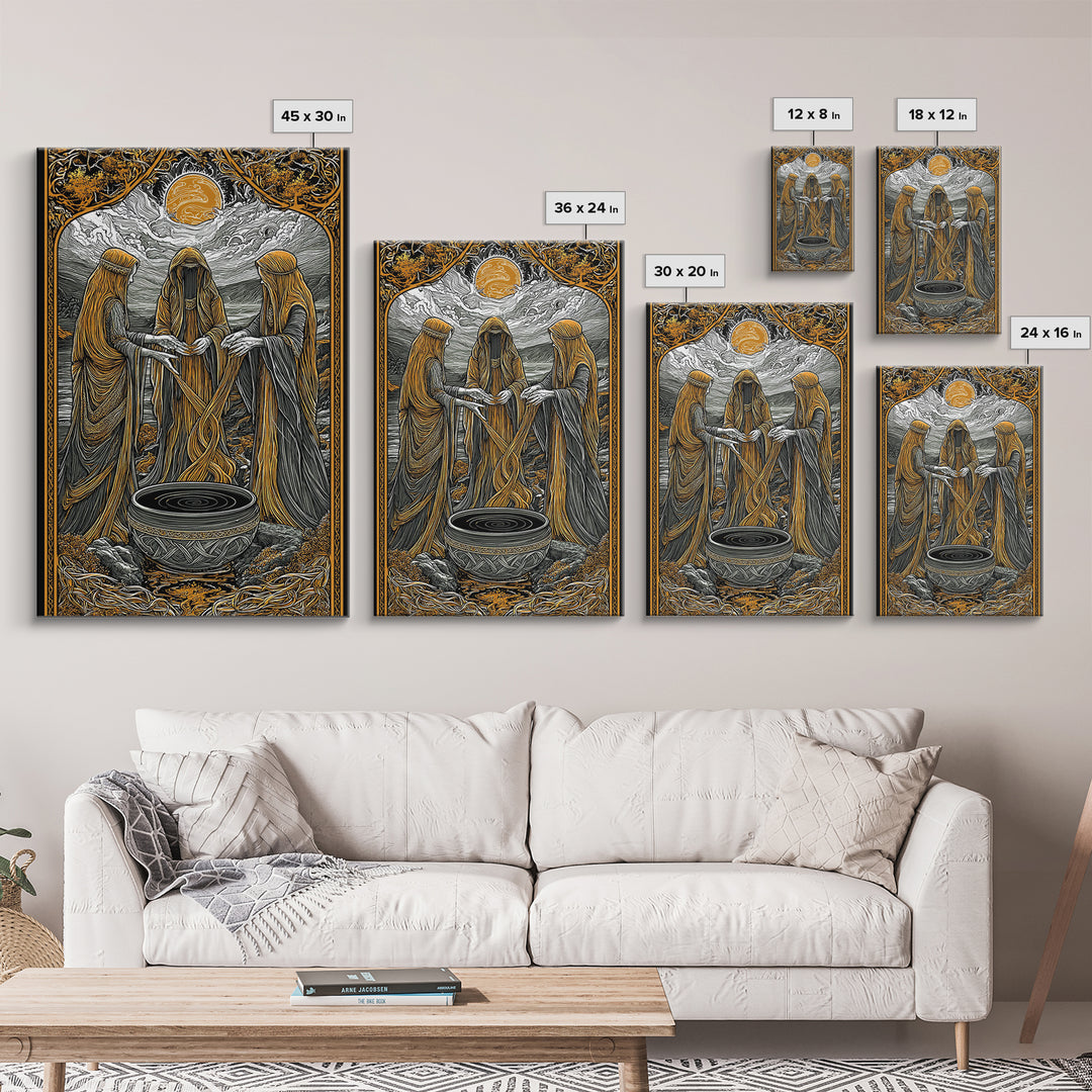 Norns Weaving Fate Canvas Gold Art, Norse Mythology Canvas Art of Urd, Verdandi, Skuld, Viking Wall Art framed in real wood