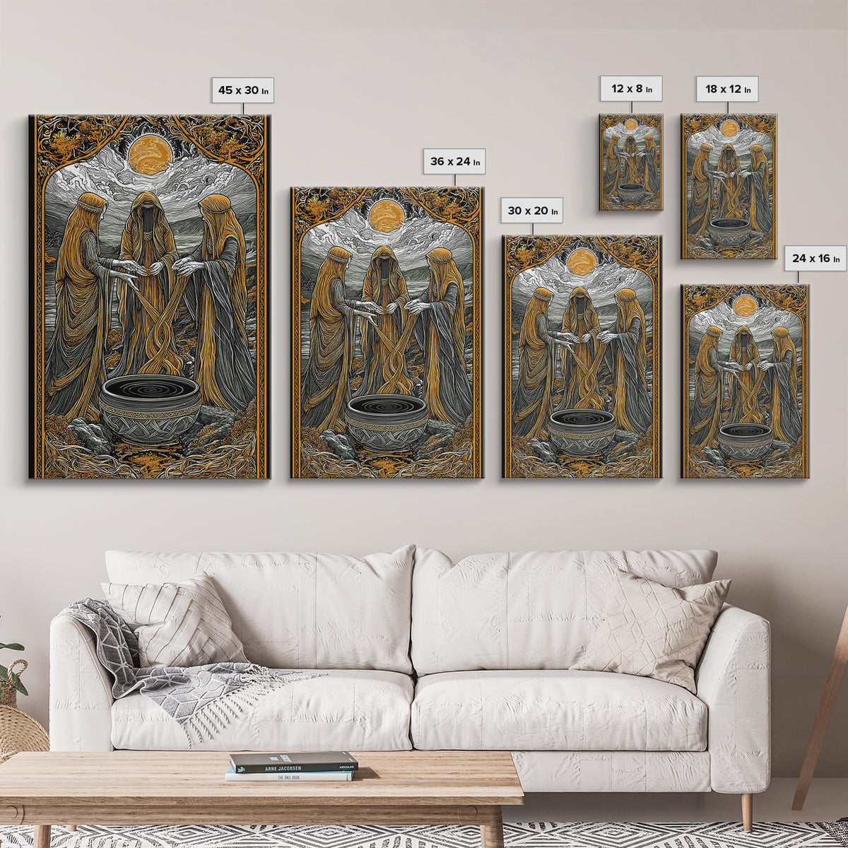Norns Weaving Fate Canvas Gold Art, Norse Mythology Canvas Art of Urd, Verdandi, Skuld, Viking Wall Art framed in real wood