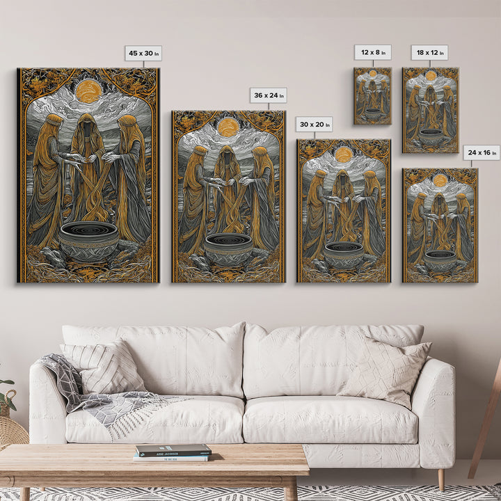 Norns Weaving Fate Canvas Gold Art, Norse Mythology Canvas Art of Urd, Verdandi, Skuld, Viking Wall Art framed in real wood